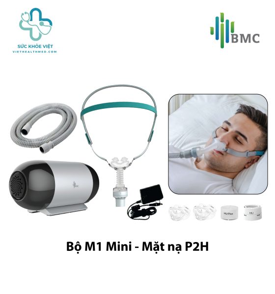 Bộ máy trợ thở BMC M1 Mini kết hợp mặt nạ BMC P2H mang đến giải pháp CPAP nhỏ gọn cho người mắc hội chứng ngưng thở khi ngủ thường xuyên di chuyển hoặc đi công tác.