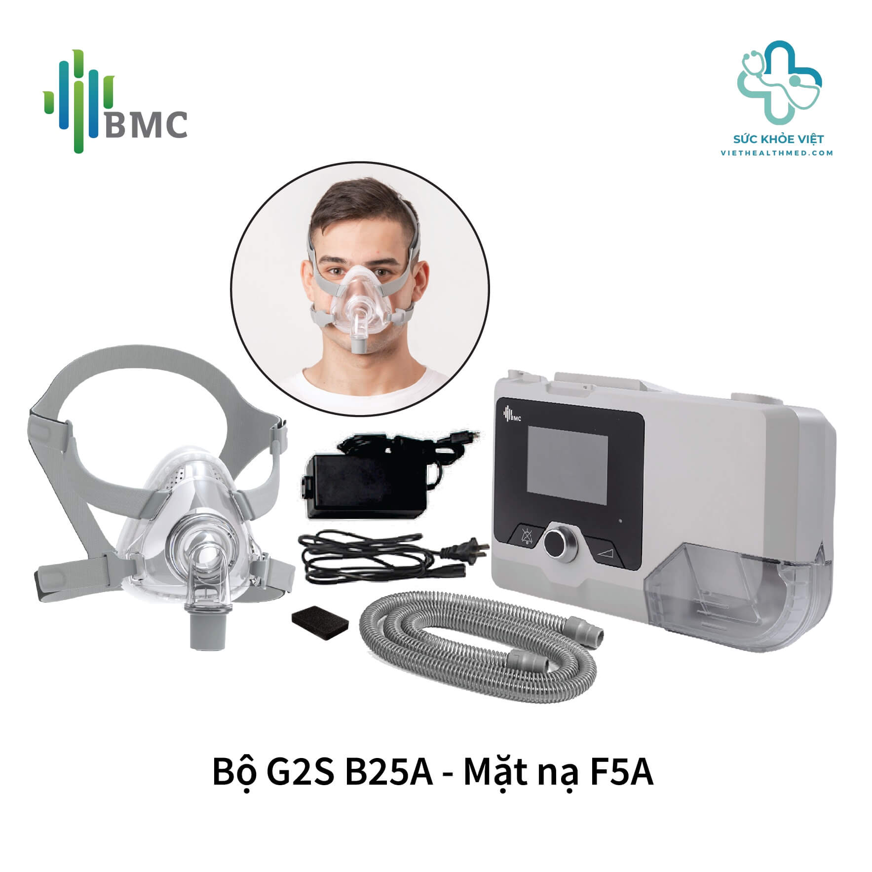 Máy Trợ Thở BMC G2S B25A Kèm Mặt Nạ BMC F5A 1 Trọn bộ máy trợ thở BMC G2S B25A và mặt nạ thở mũi miệng BMC F5A đầy đủ phụ kiện
