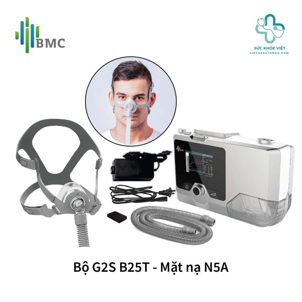 Máy Trợ Thở BMC G2S B25A Kèm Mặt Nạ BMC N5A 34 BMC G2S B25A có thể được kết hợp với mặt nạ mũi BMC N5A để tạo thành một hệ thống hỗ trợ hô hấp không xâm lấn, tùy theo nhu cầu và cấu hình sử dụng phù hợp.