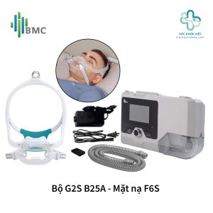 Trọn bộ sản phẩm máy trợ thở BMC G2S B25A kết hợp cùng mặt nạ mũi miệng BMC F6S và các phụ kiện kết nối đồng bộ.