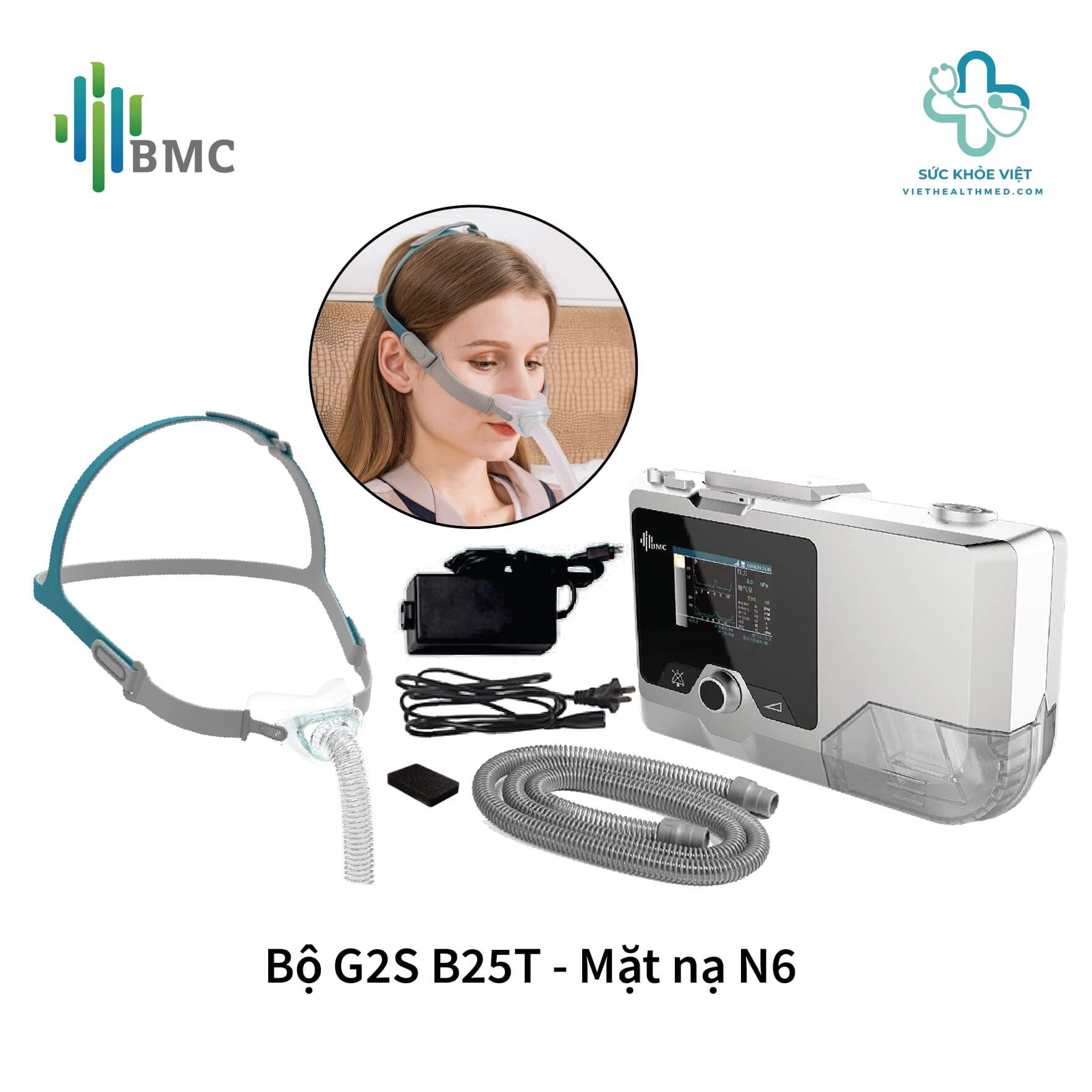 Máy Trợ Thở BMC G2S B25T Kèm Mặt Nạ BMC N6 1 Bộ Máy Trợ Thở BMC G2S B25T kết hợp mặt nạ BMC N6 và phụ kiện đồng bộ, hỗ trợ liệu pháp BiPAP cho điều trị ngưng thở khi ngủ và suy hô hấp không xâm lấn.