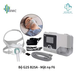 Trọn bộ thiết bị máy trợ thở BMC G2S B25A bao gồm thân máy, nguồn, ống khí và mặt nạ thở F6